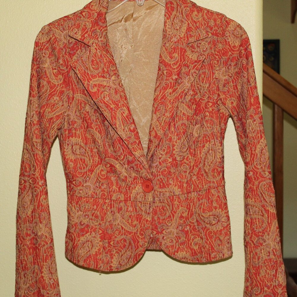 Beautiful Twenty One Brand, Orange & Tan Paisley Jacket Made in USA